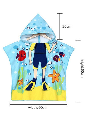 Unbranded дитячий пляжний рушник пончо з капюшоном мікрофібра для ванної басейну пляжу 60х60 см (474688-prob) плавець малюнок блакитний виробництво -