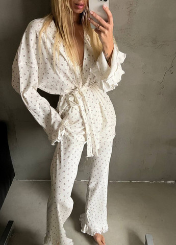 Молочная пижама тройка из рубчика с принтом, качественная, нежная и стильная пижамка 3-ка в универсальном размере 42-46 No Brand 844