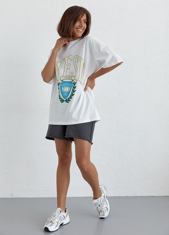 Молочна літня бавовняна футболка оверсайз з написом west - молочний Lurex