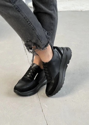 Трендовые кожаные кроссовки со вставками замши InFashion Кросівки чёрные демисезоны (277695082)