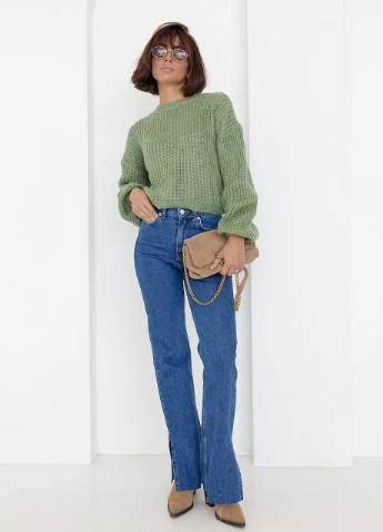 Мятный демисезонный короткий вязаный джемпер oversize Lurex