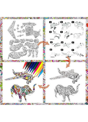 3D пазли для розфарбовування BYTOKI набір 9 моделей з фломастерами, дитячий креативний набір 5-12 років China (354827583)