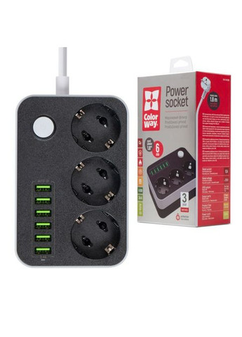 Мережевий фільтр Colorway CW-CHЕ36B, 3 розетки/6USB Black 1.8M (268143139)