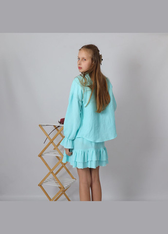 Бирюзовый летний детский муслиновый комплект для девочки ментол блуза+юбка с рюшами mrou юбочный, с рубашкой No Brand