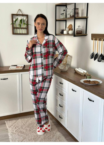 Комбінована жіноча піжама з віскози у клітинку / жіноча піжама віскозна з довгим рукавом / жіноча піжама у клітинку з віскозної тканини No Brand