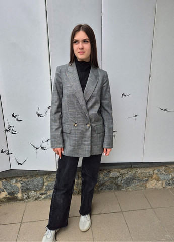 Черный женский жакет женский в клеточку двубортный H&M в клеточку - демисезонный