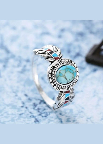 Серебристое кольцо с бирюзовым камнем и цветной эмалью в этническом стиле размер 14.5 AurumLux1404 Liresmina Jewelry (357492625)