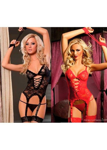 Чорний демісезонний комплект із панчохами, підв'язками для панчіх та ажурними наручниками еротична білизна drive No Brand