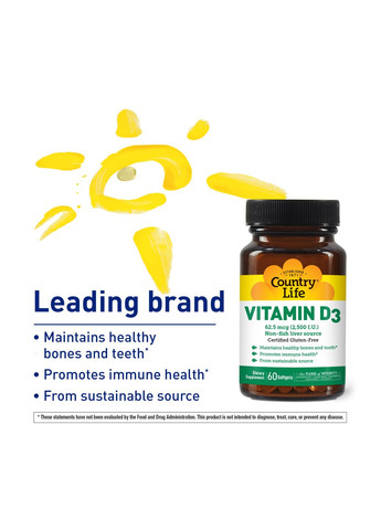 Вітаміни та мінерали Vitamin D3 2500 IU, 60 капсул Country Life (326051473)