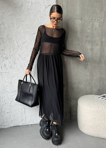 Черное повседневный прозрачное платье меди с длинным рукавом Україна