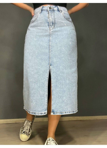 Спідниця жіноча джинсова Liana 421 розсип камінців пряма розріз попереду стрейчева великі розміри блакитна Lian (327308786)