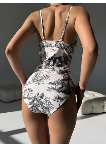 Чорний літній жіночий літній чорно-білий суцільний купальник із парео No Brand