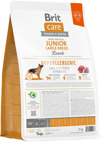 Корм для молодих собак великих порід Dog Hypoallergenic Junior Large Breed гіпоалергенний з ягнятком 3 кг (8595602559053) Brit Care (315867950)