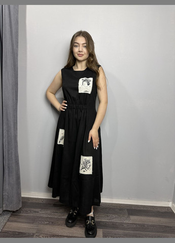 Черное женское летнее платье из льна чёрное mkkc6021-2 Modna KAZKA