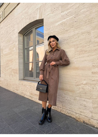 Коричнева повсякденний, ділова, кежуал жіноча сукня вельветова сукня-сорочка Style Point однотонна