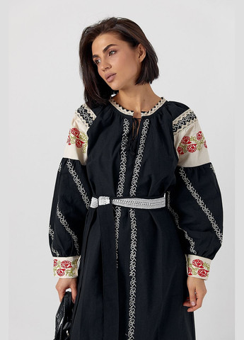 Чорна жіноча сукня міді з вишитими трояндами Lurex