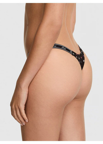 Трусики-стринги жіночі бавовняні PINK Logo Cotton Shine Micro Thong Panty чорні Victoria's Secret (392100783)