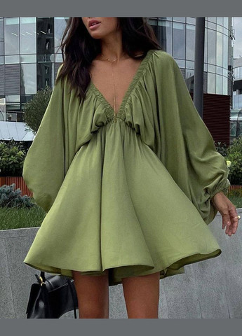 Оливкова повсякденний пишна міні сукня з довгим рукавом з пишною спідницею Adelante однотонна