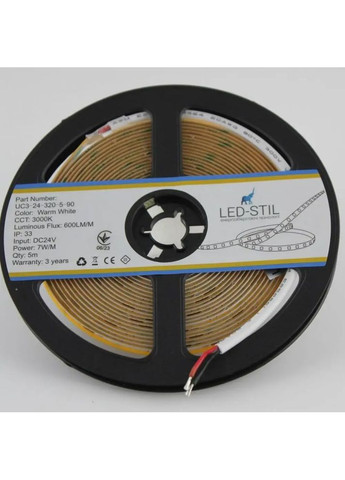 Світлодіодна стрічка 3000K 7 Вт/м COB 320 діодів IP33 24 Вольта 600 Lm тепле світло, вузька Led-Stil (371777698)