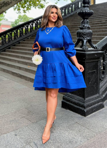 Синя повсякденний вишукана вільна міді сукня з рукавами ліхтарик три чверті та поясом в комплекті Allthings однотонна