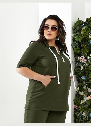 Жіночий спортивний костюм батал хакі трикотажний з капюшоном і коротким рукавом для весни та літа Bonita Спортивний костюм (322111905)
