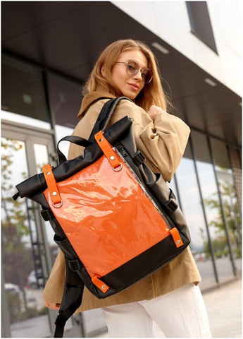 Рюкзак жіночий для подорожей з екошкіри з відділенням для ноутбука RollTop Hacking Чорно-жовтогарячий Sambag (301871831)