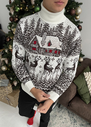 Белый зимний мужской свитер новогодний "big house" белый, под шею джемпер No Brand