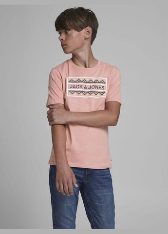 Пудровая демисезонная футболка для парня 12180260 розовая с орнаментом (152 см) Jack & Jones
