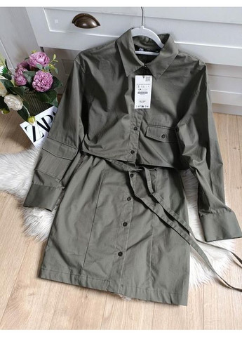 Оливковое (хаки) габардиновое платье-рубашка Zara