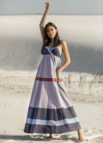 Комбинированное кэжуал летнее длинное платье в полоску. ORA в полоску