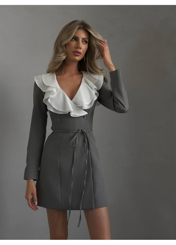 Графитовое праздничный платье-пиджак из костюмки со съемными воланами 🤍 (замеры в описании) DK/DL Мода без кордонів однотонное