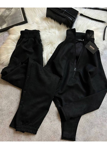 Черный демисезонный костюм боди + джогеры замш на дайвинге No Brand