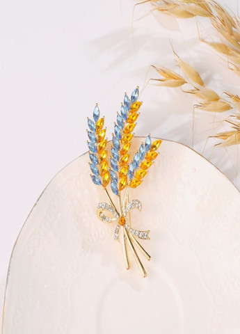 Золотиста патріотична потрійна брошка Колосся пшениці з кристалами символ України жовто блакитна Fashion Jewelry (292144498)