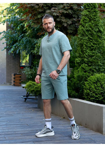 Оливковый демисезонный "linen touch" – мужской костюм из жатого льна - замеры в описании. с рубашкой GD/GL Модний простір