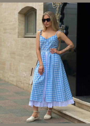 Повсякденний літній коттоновий сарафан у клітку без рукава, сарафан з відкритим декольте з м'якої приємної до тіла тканини. No Brand 606-1 (295949630)