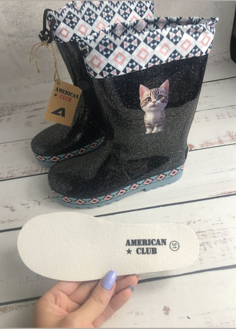 Черные резиновые сапоги детские для девочки черный (507) American Club На завязках