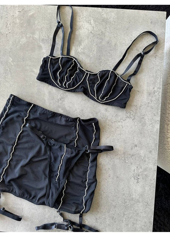 Чорний балконет комплект жіночого білизни | з спідницею та ремінцями, чорний Vital-Textile без кісточок поліестер, еластан