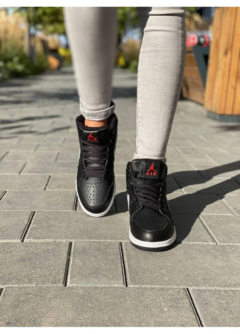 КРОССОВКИ ЖЕНСКИЕ NIKE AIR JORDAN 1 RETRO BLACK WHITE RED LOGO НАЙК АИР ДЖОРДАН No Brand чёрные зима (367175597)