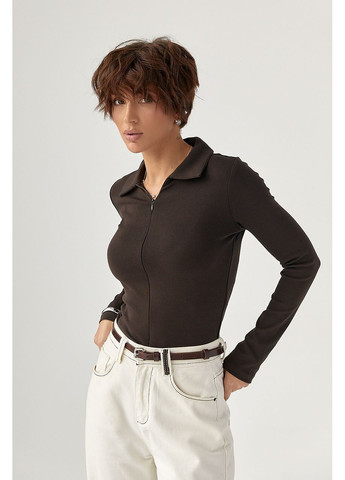 Приталений лонгслів-поло на блискавці - темно-коричневий колір Lurex (370602086)