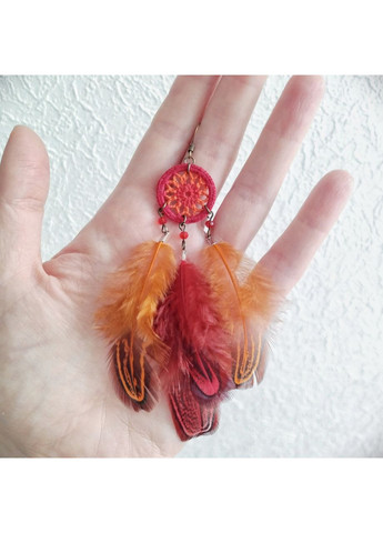 Авторські сережки "Ловець снів" з пір'ям червоно-помаранчеві Dream Studio (363057518)