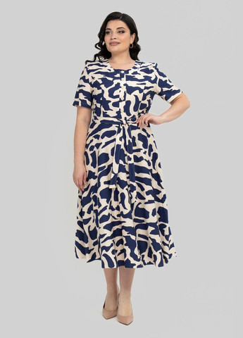 Синее повседневный платье полуприлегающего силуэта из льна бохо клешенная юбка вниз all posa (ap101993p) A'll Posa