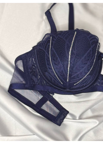 Синий ажурный бюстгальтер анжелика на поролоне с вставками страз на чашку в изумрудный FNNISS