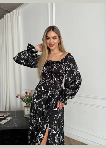 Черное повседневный женское платье с шолка с открытыми плечами, с корсетом Україна с цветочным принтом