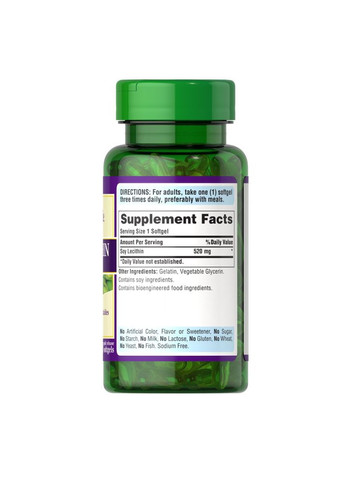 Натуральна добавка Puritan's Pride Soy Lecithin 520 mg, 100 капсул Puritans Pride (324608819)