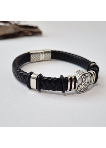 Срібний Шкіряний широкий браслет Оберіг Молот Тора 21 см срібло 925 проби Чорнене 75323 21.99г Nobrand (363969080)
