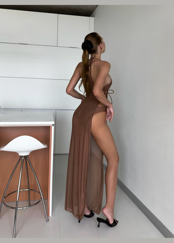 Коричневий літній роздільний купальник трійка з асиметричною накидкою роздільний Ghazel