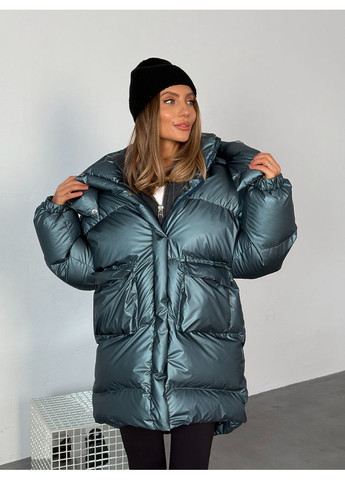 Синяя зимняя женская куртка пуфер beze long с карманами и съемным капюшоном (mil591) milirud