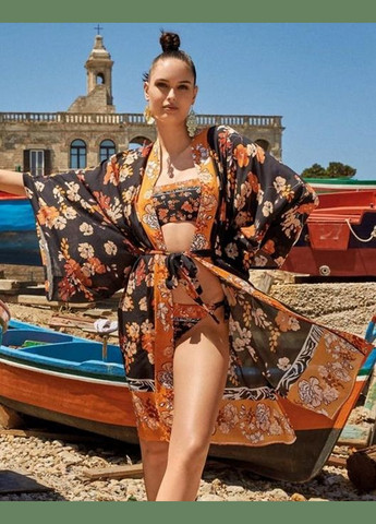 Туніка вільного крою з довгими рукавами та поясом з віскози One size Чорний з принтом DA23-99 David (296756847)