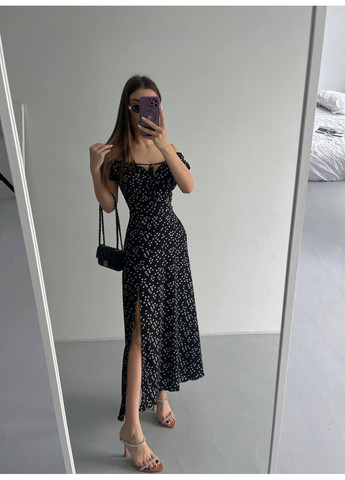 Чорна повсякденний жіноча сукня міді в квітковому принті а-силует Avanti з квітковим принтом