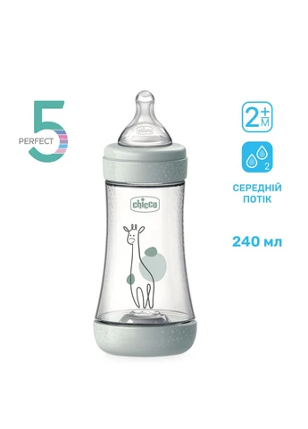 Бутылочка пластик PERFECT 5 Giraffe, 240 мл, соска силикон, 2 м+, цвет мятный (20223.32.40) Chicco (391543697)